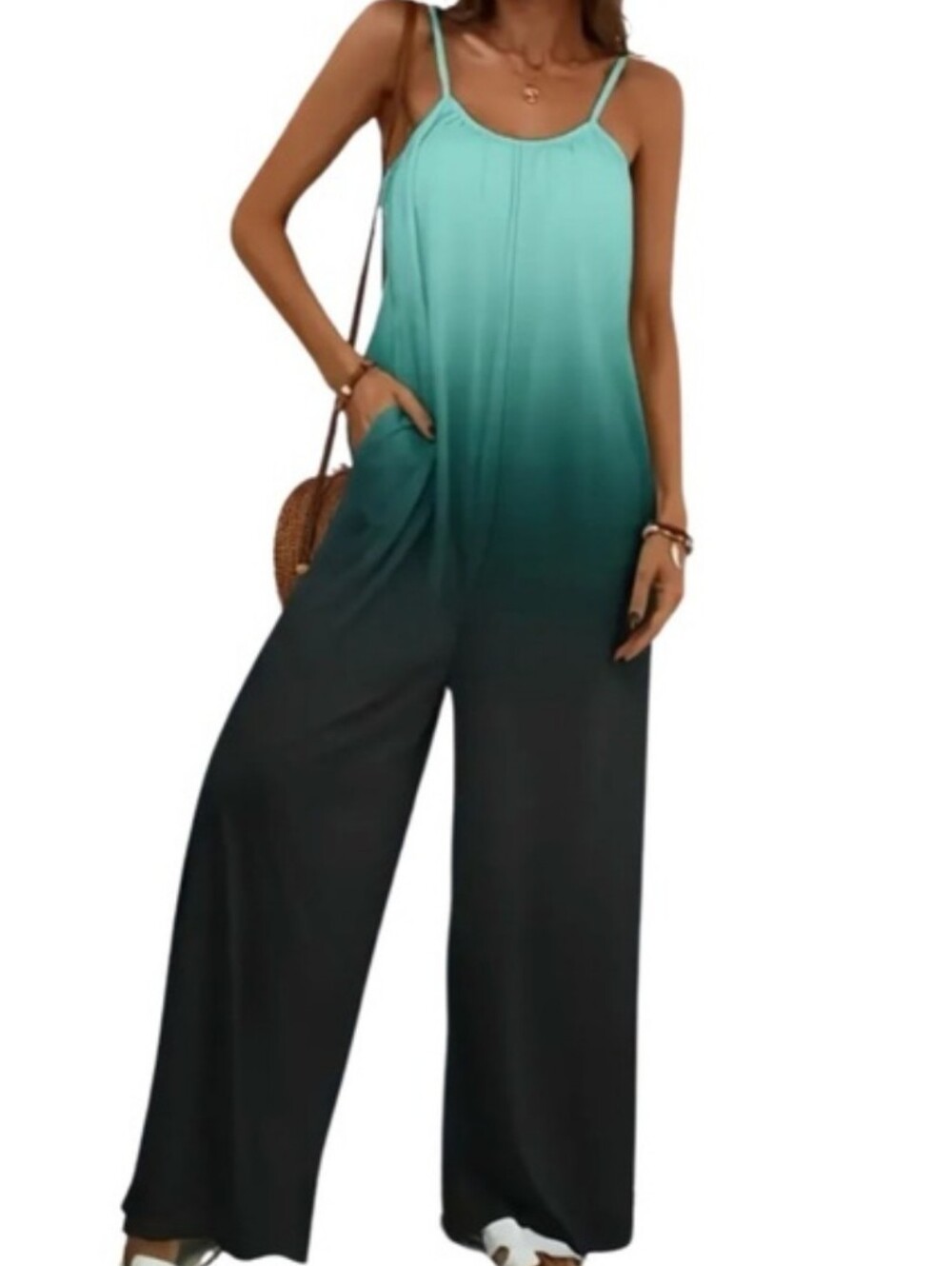 Sleeveless Ombre Teal to Black Wide-Leg Jumpsuit